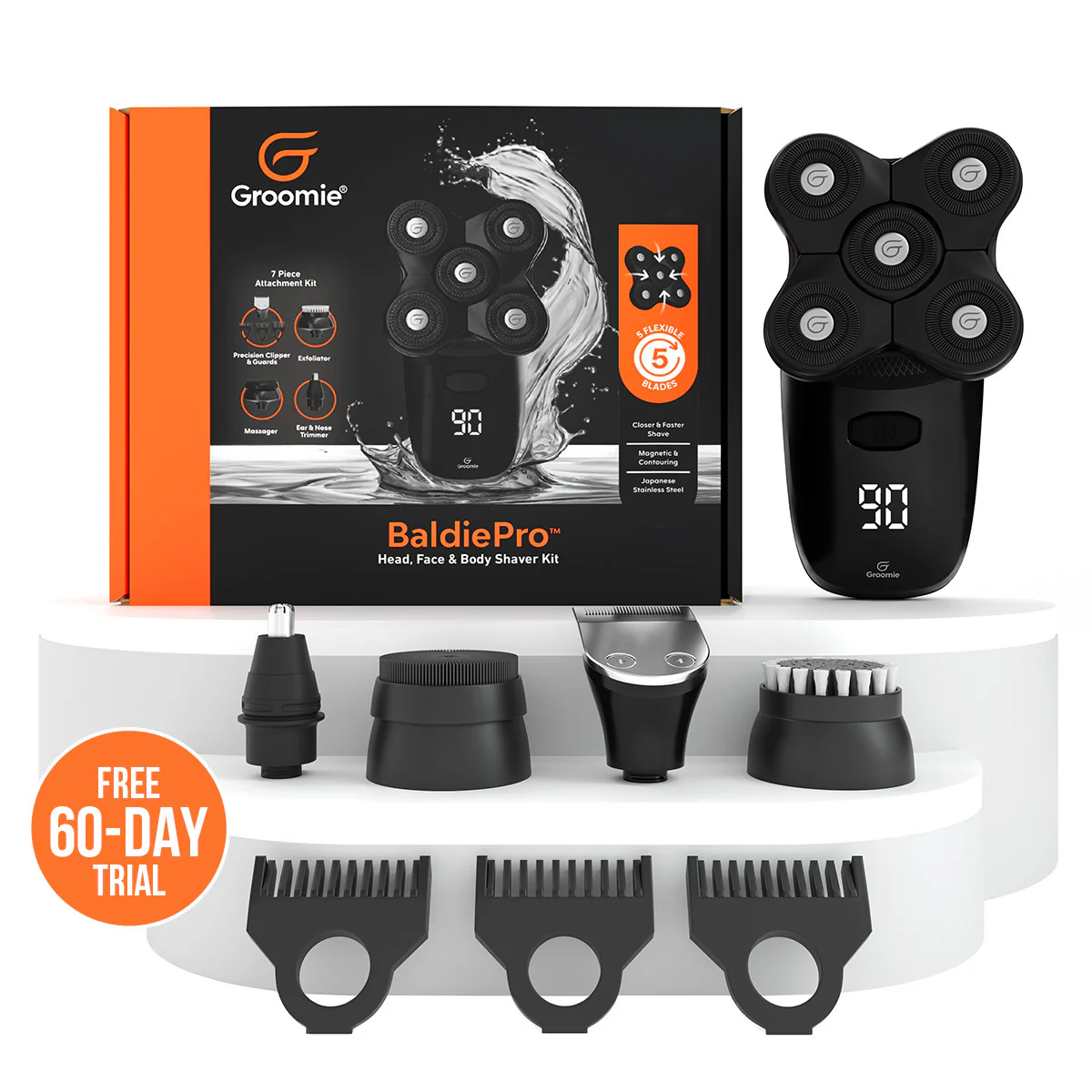 Groomie Shaver electric head and body shaver kit displayed with its full set of grooming attachments